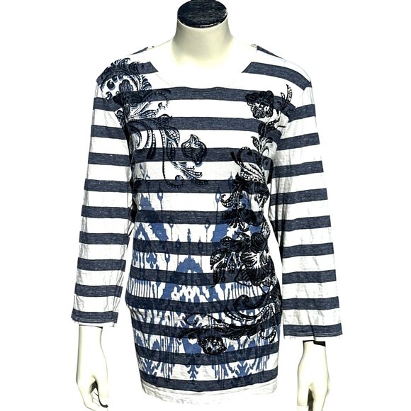 Chicos Zenergy Striped Floral Embroidered Long Sleeve Tunic Top Boho Chic Blouse - Picture 1 of 13